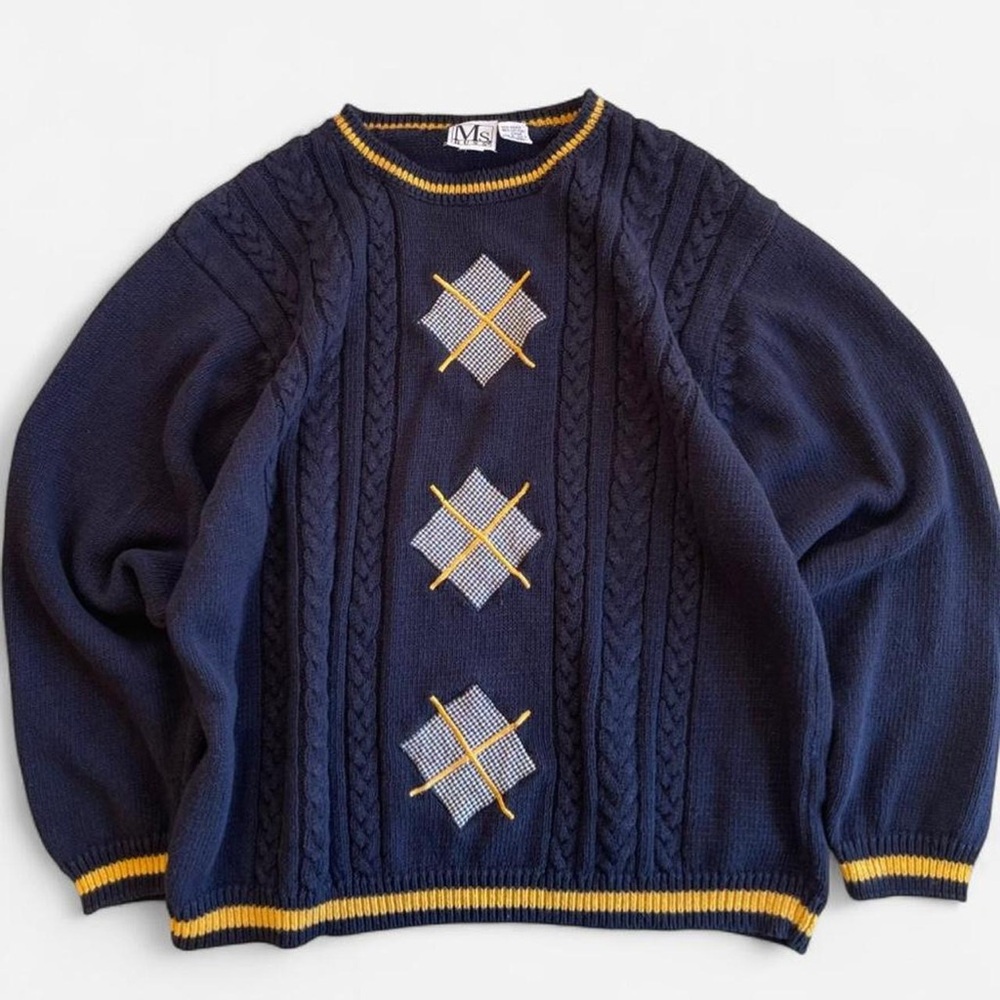 Vintage Ms. Russ Navy Blue Cable Knit Sweater Yellow & Gingham Argyle Preppy
